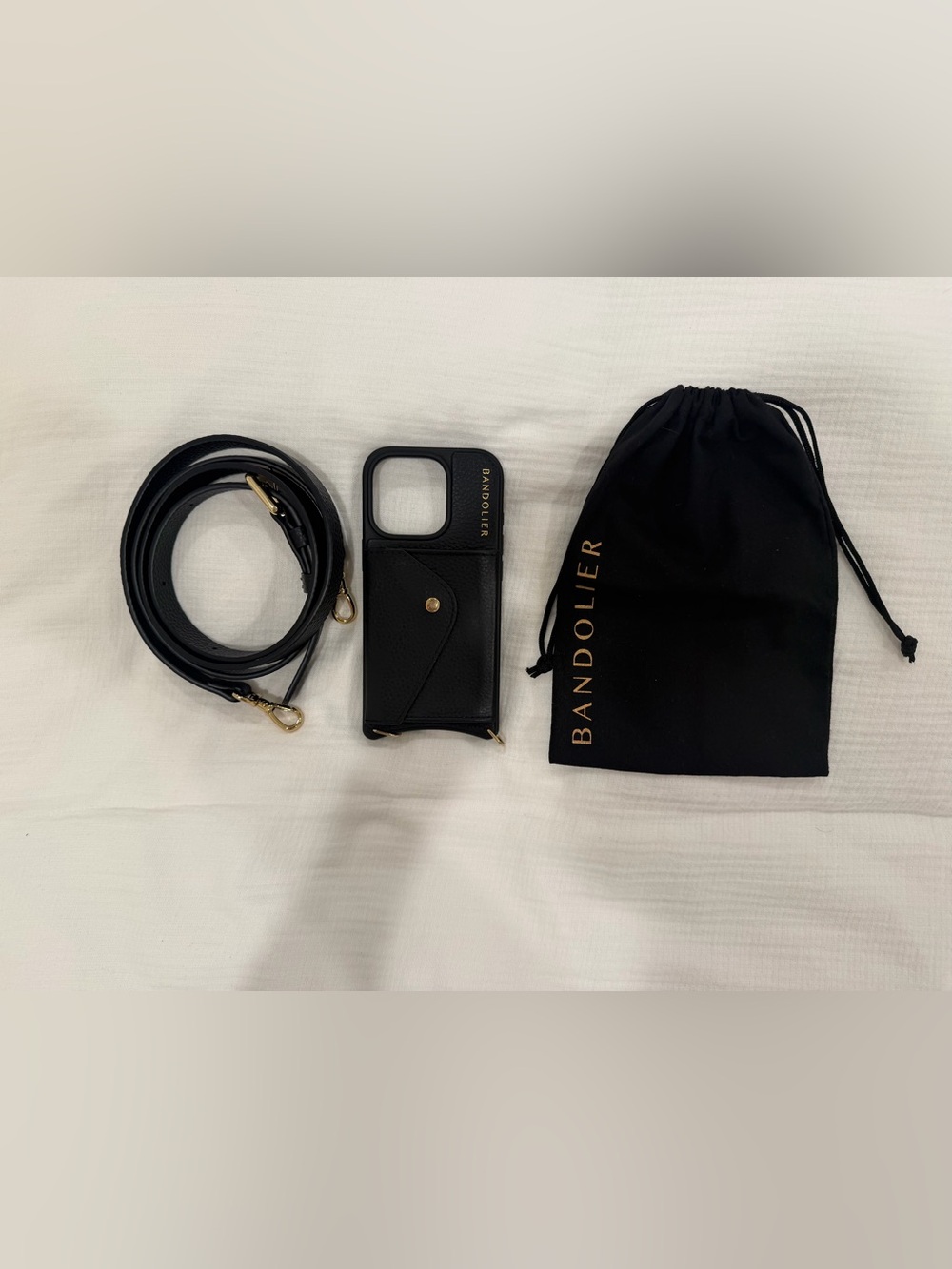 Bandolier Black Leather Crossbody Phone Case with Gold Accents